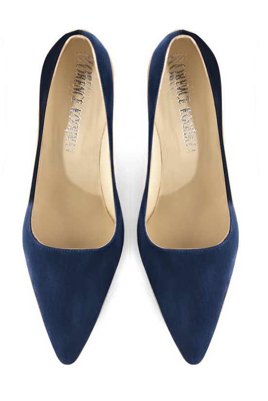 Navy blue women's dress pumps,with a square neckline. Tapered toe. High comma heels. Top view - Florence KOOIJMAN